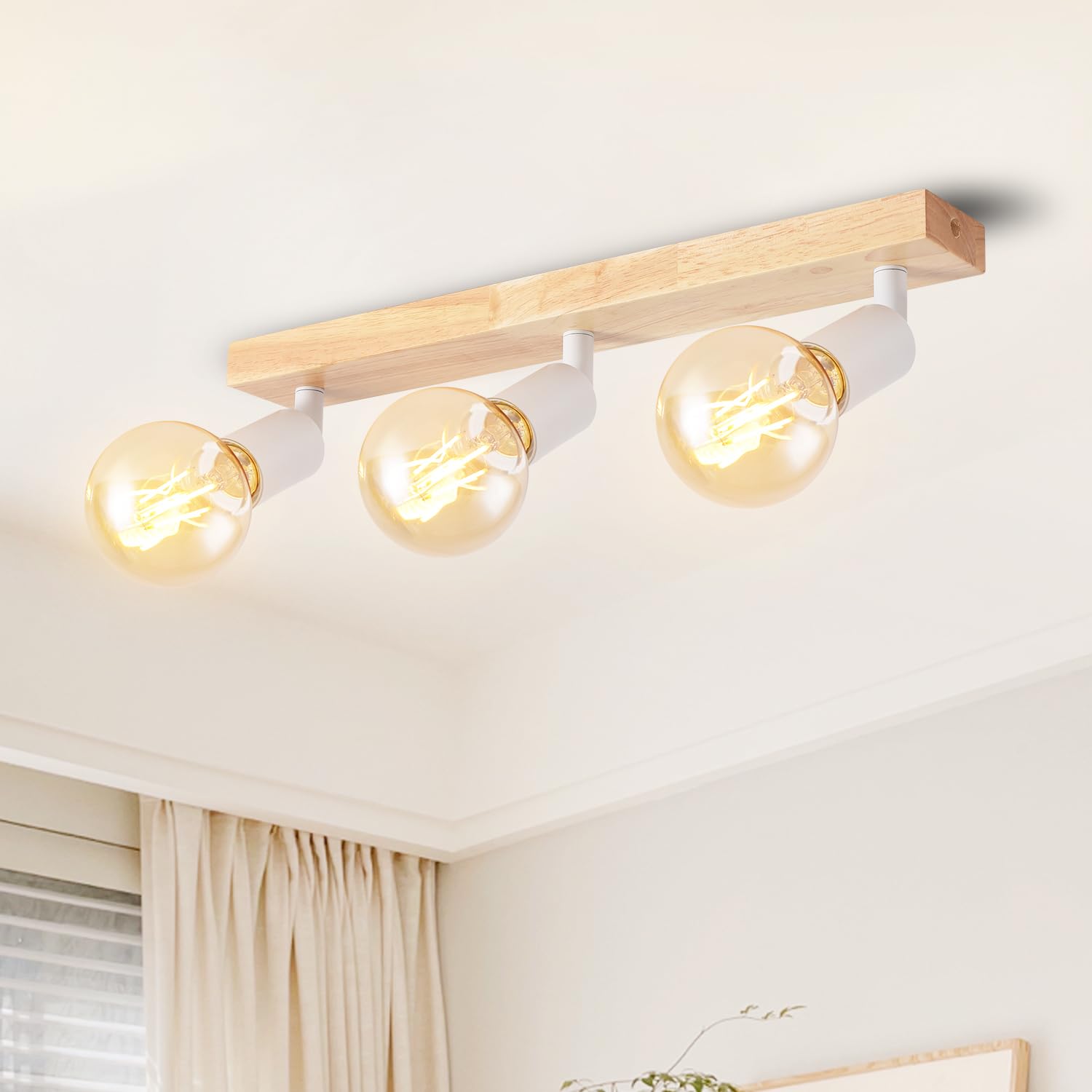 LVWIT Lámpara de Techo de Madera,Lámparas de Techo de 3 Vías,Lámparas de Techo con E27,Lámpara de Techo Negro Ajustable,Lámparas de Techo Para Cocina,Lámparas Para Salón (SIN Bombillas)