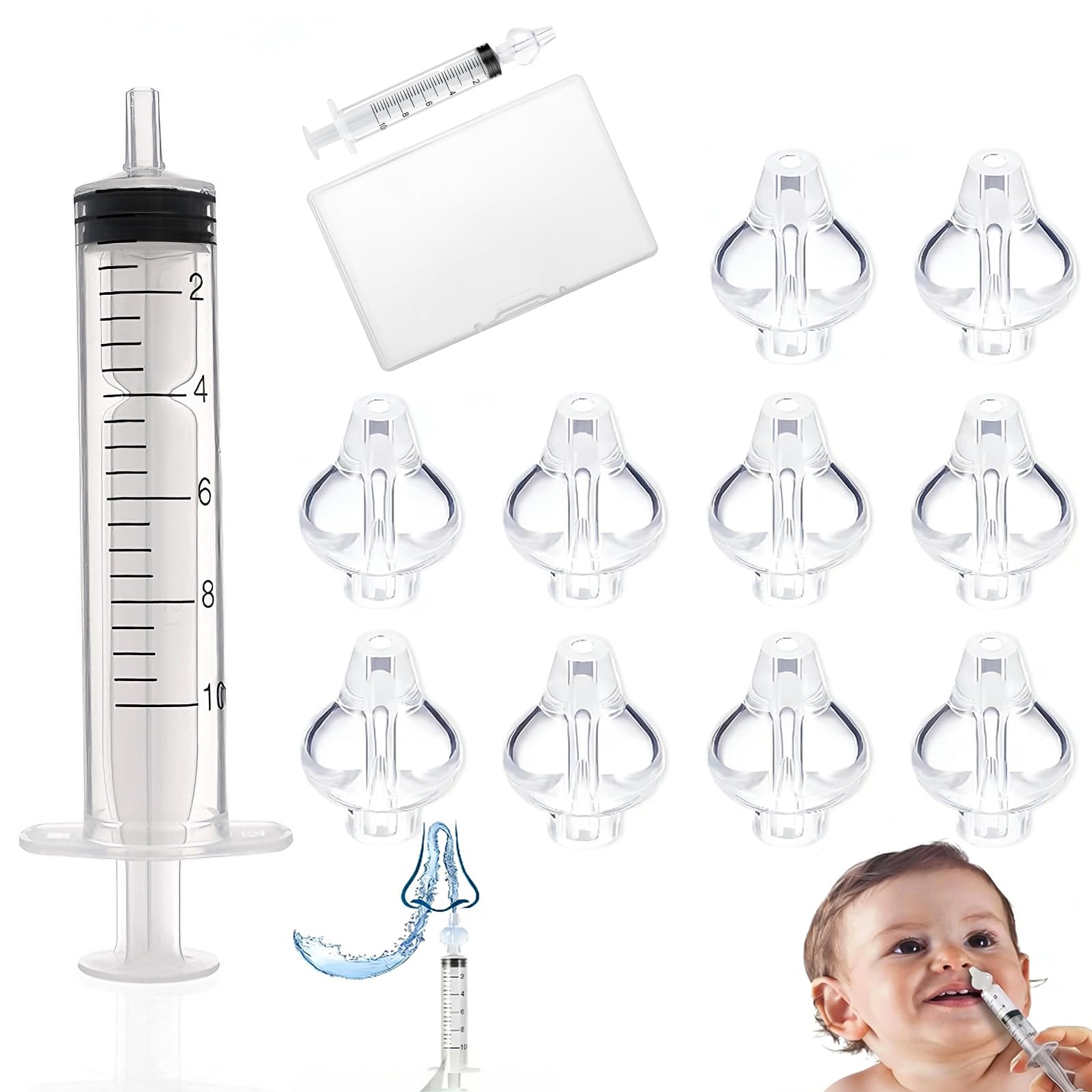 1 x Nasal Aspirator, Nasal Rinse Cleaner, Reusable Nasal Irrigator for Babies, 10 Silicone Adapter for Baby Nasal Wash Syringe – Replacement Nozzle