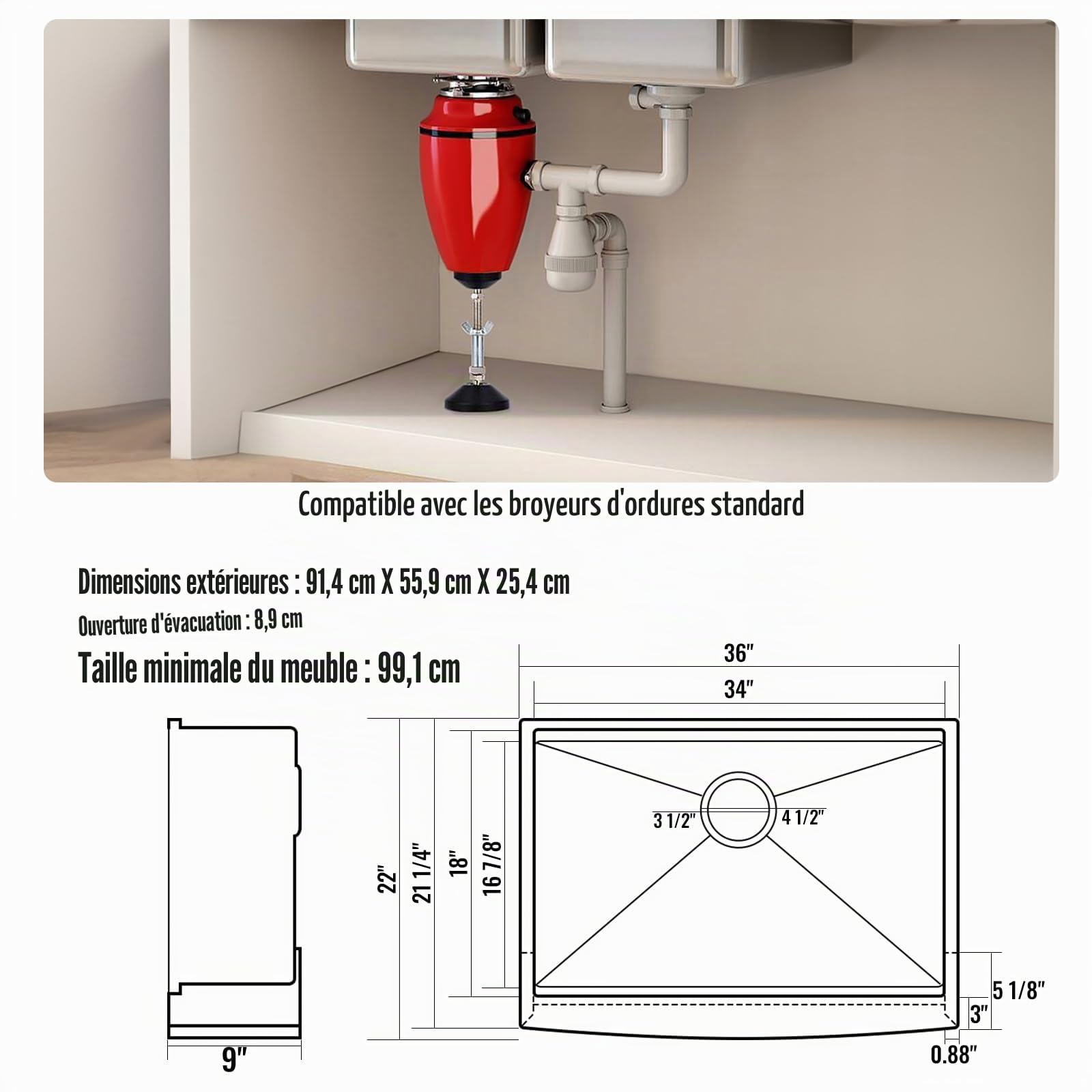 VEVOR Évier Cuisine de Style Campagnard Évier à Encastrer en Acier Inoxydable 304 Une Cuve avec Planche à Découper Égouttoir Filtre Drainage Rapide pour Préparation Cuisine Maison 91 x 56 x 23 cm