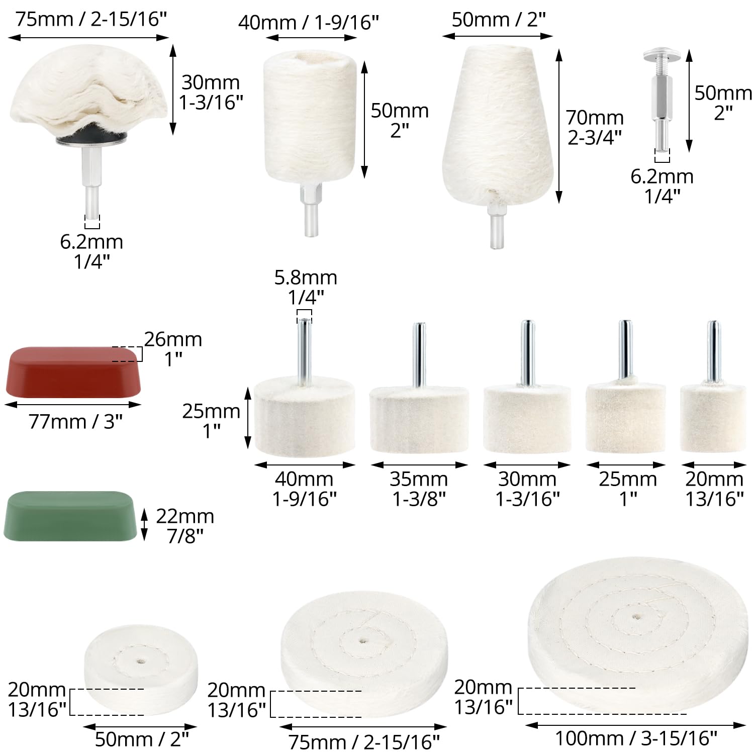 QWORK® 14 Pièces Kit de Polissage, Accessoire de Polissage pour Perceuse, Cônes de Polissage, Disques de Polissage, pour Métal, Bois