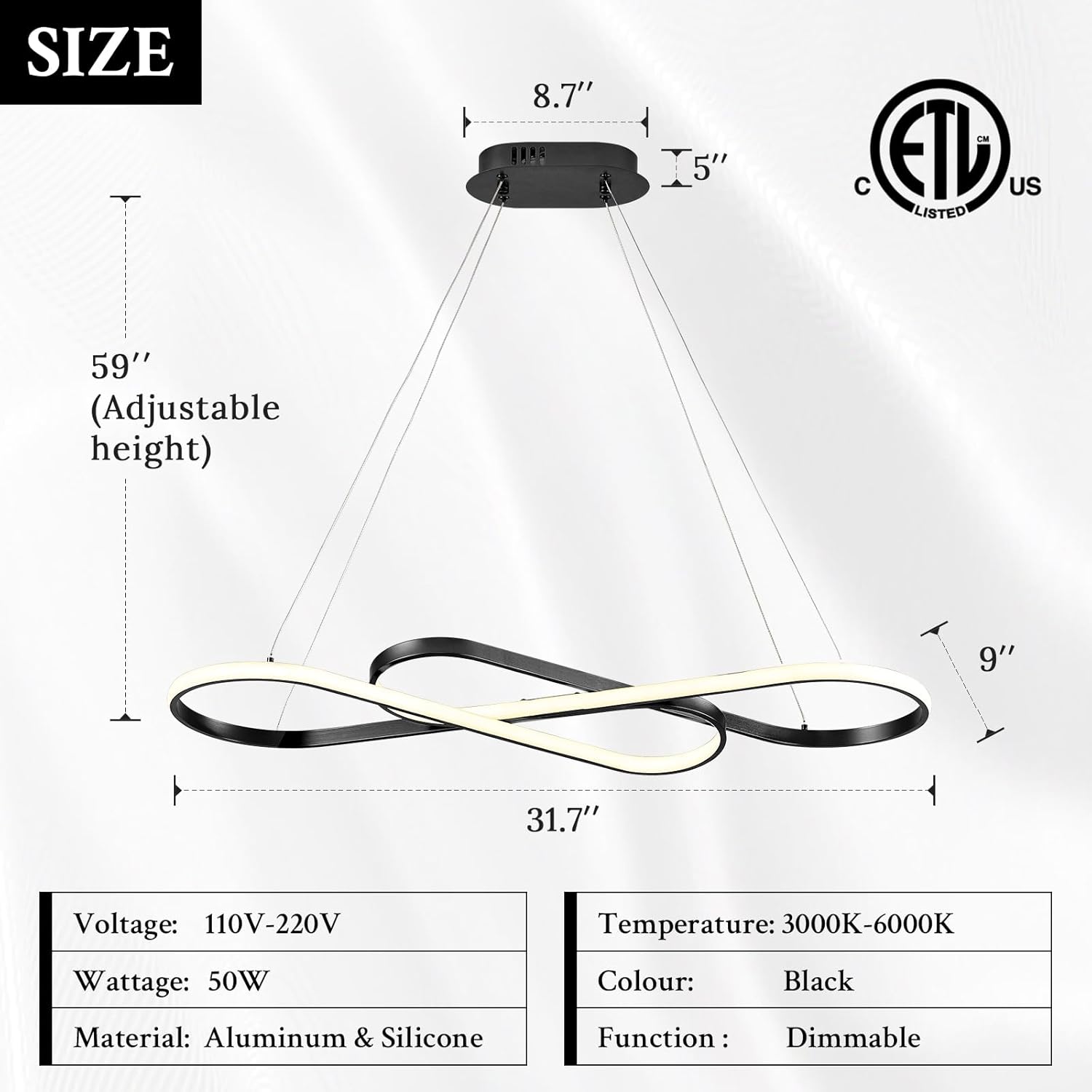Modern LED Chandelier Black Dimmable LED Pendant Light for Dining Room Light Fixture Over Table Modern Kitchen Island Lighting High Ceiling with Remote for Living Room, 31.7 Inch