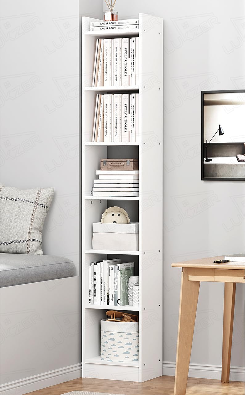 Lukzer 6-Layer Engineered Wood Bookshelf Multipurpose Storage Rack & Display Organizer for Home, Office & Kitchen | MR-005/White | Open Shelving Unit for Books, Décor & Essentials (180x33x24 cm)