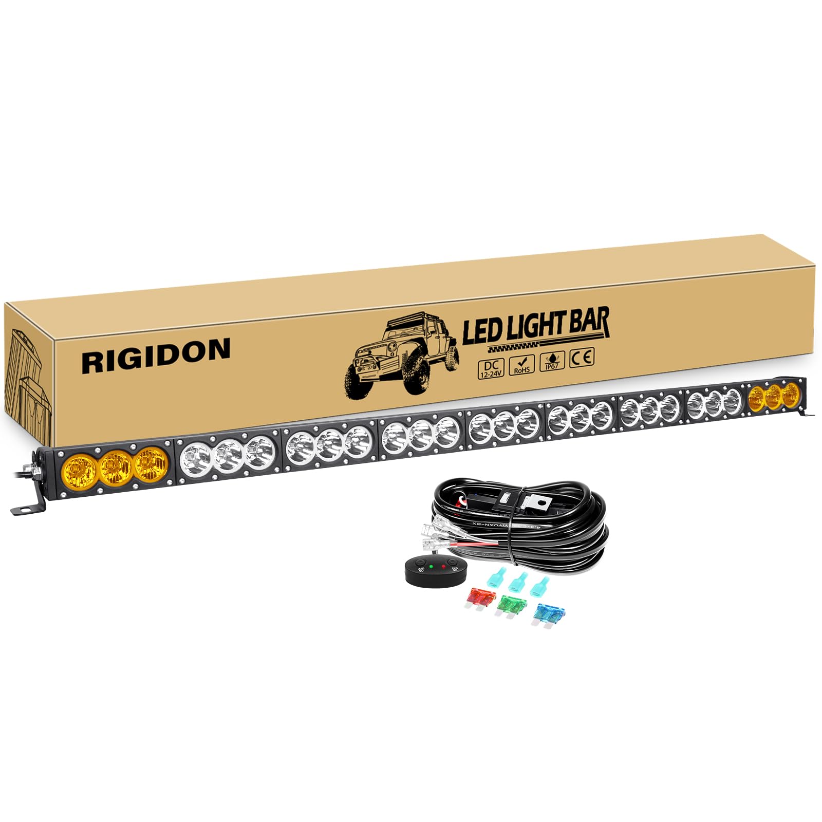 RIGIDON 49 Inch 270W Single Row LED Light Bar with Wire Harness, White Amber Spot Flood Combo 27000LM Off-road Light Driving Boat LED Fog Work Light