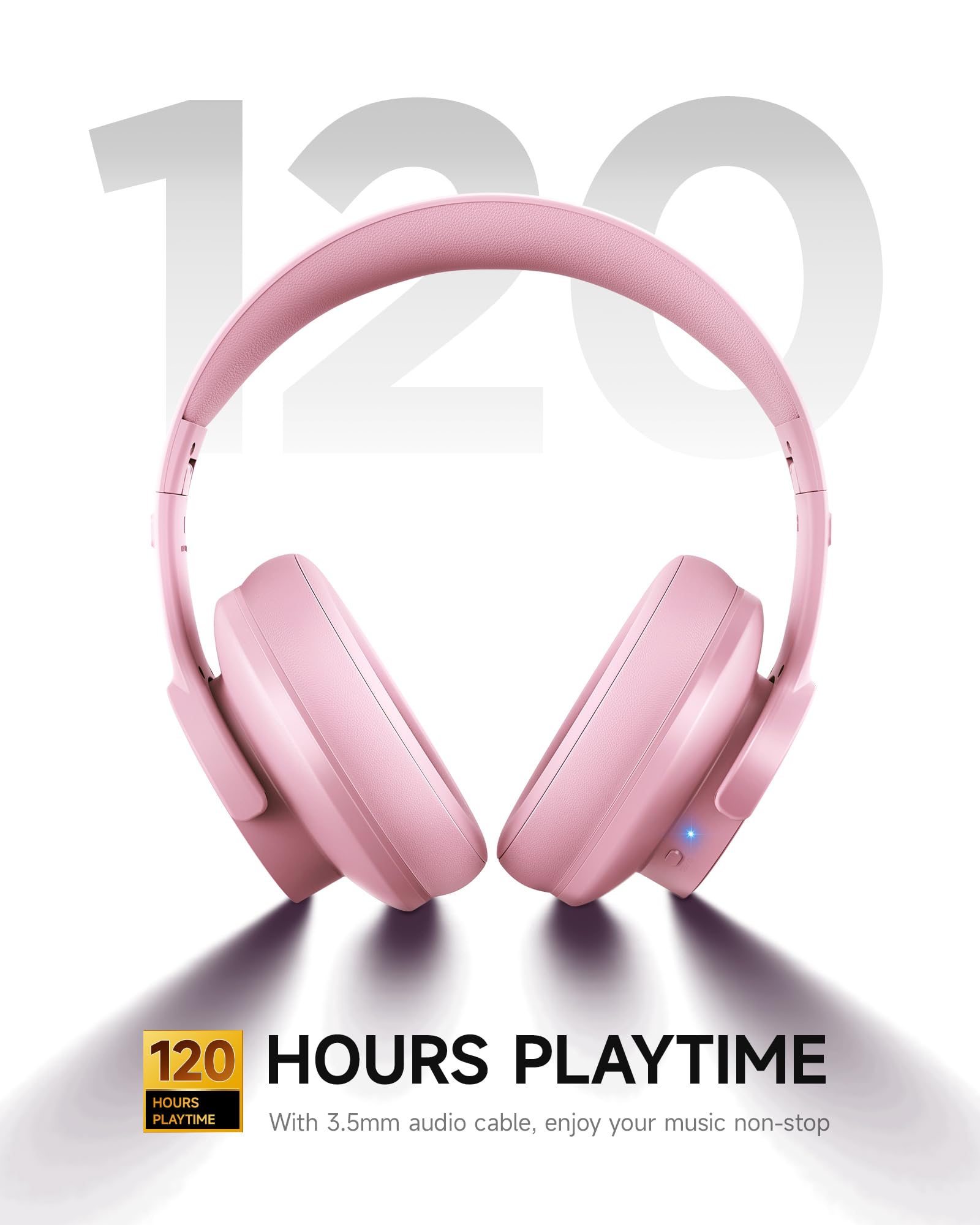 Picun B8 Wireless Bluetooth Over Ear Headphones, 120H Playtime, 3EQ Modes, Hands-Free Calls, Pink