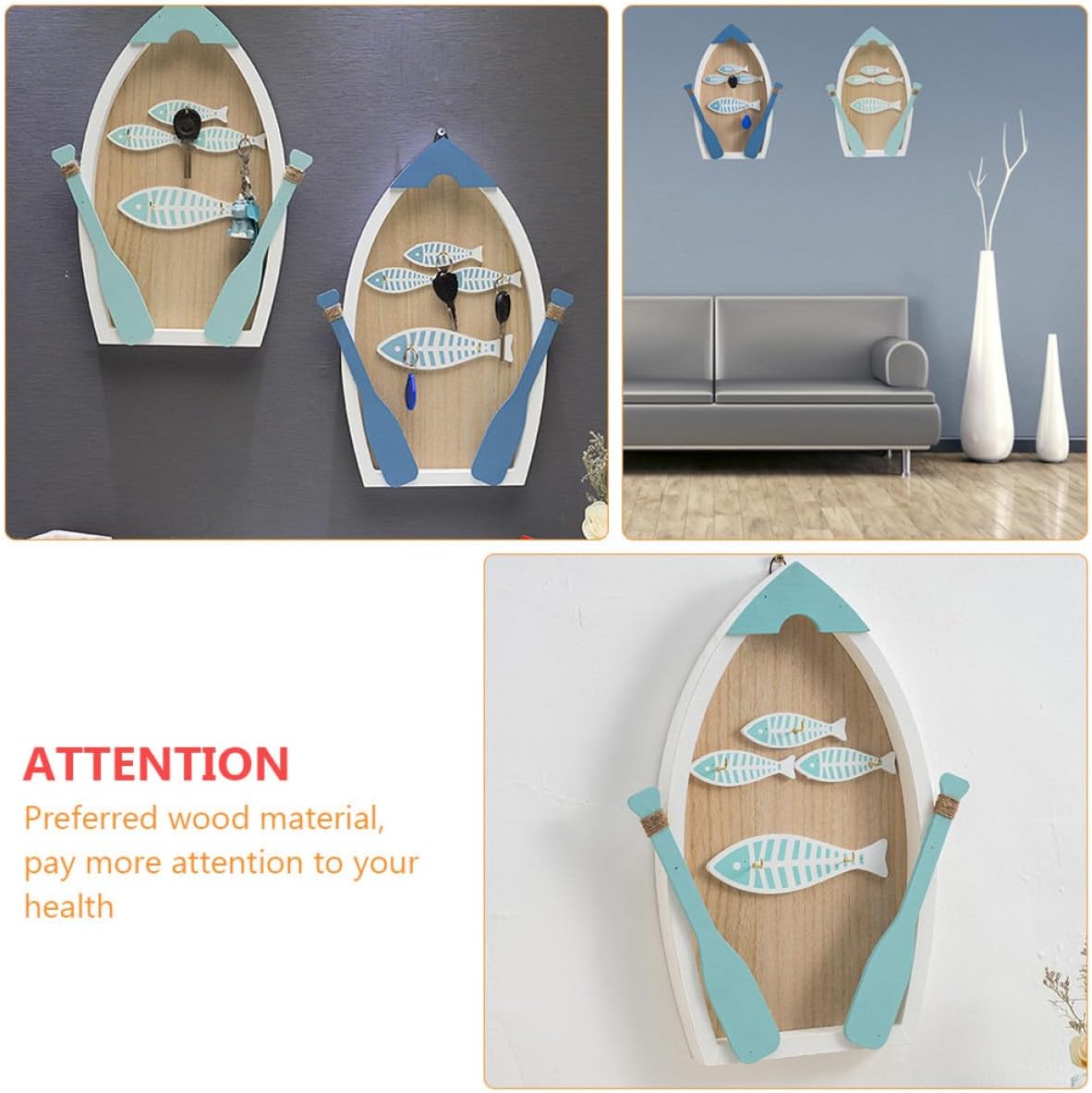 Mediterranean Style Round Wooden Key Holder Wall Mounted Key Organizer with Jewelry Rack in Color Boat-Shaped Design for Home Entryway Storage