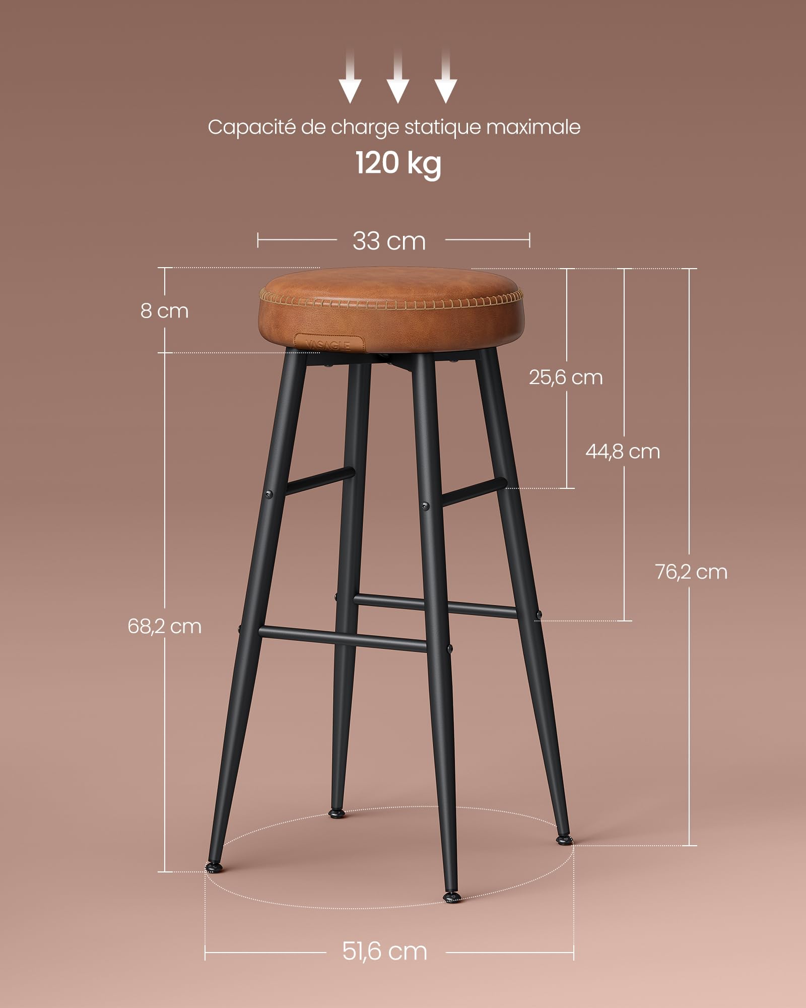 VASAGLE Collection EKHO - Lot de 4 Tabourets de Bar, Chaises de Bar, Chaises de Cuisine, en Similicuir, Hauteur d’Assise 63 cm, pour Cuisine et Salle à Manger, Noir Encre, LBC090K01V1