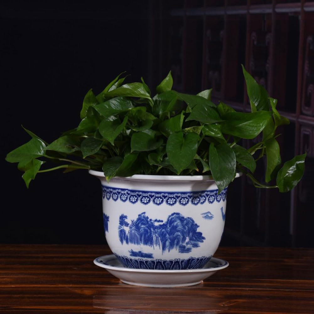 asdchZen Chinoiserie Blue And White Porcelain Flowerpot, Celadon Flower Pot Succulent Planters Indoor/Outdoor Ceramic Planter Pot For Indoor Plants,White-33cmx23cm