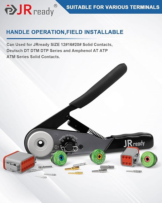 JRready Deutsch Crimp Tool ST2169 Deutsch Crimping Tool for DT,DTM,DTP and Amphenol AT ATP ATM Series Size 16 20 12 Solid Pin&Soc Contacts,Closed Barrel Crimp Tool with Three Positioners