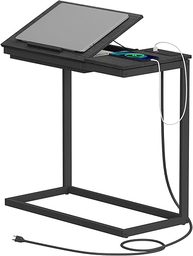 TUTOTAK Mesa auxiliar en forma de C con estación de carga para sofá, mesa auxiliar inclinable en forma de C con bolsa de almacenamiento, bandeja de