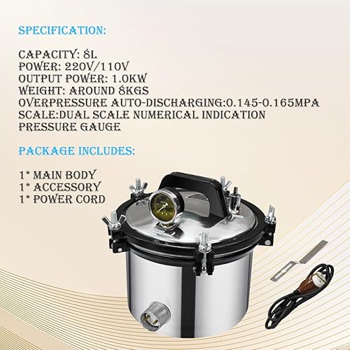 Miniatura 4 de 8L 1KW versión actualizada 304 equipo de autoclave de acero inoxidable con medidor de presión de doble escala Sistema de calefacción doble