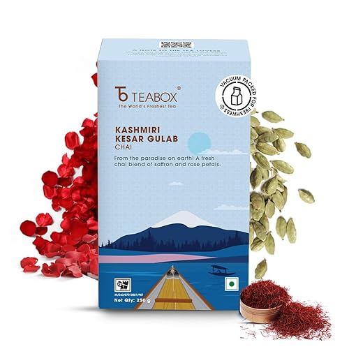 Teabox Cachemira Kesar Gulab Masala Chai 8.82 oz | De la belleza eterna del valle de Cachemira | Té mezclado con azafrán más raro del mundo y rosas