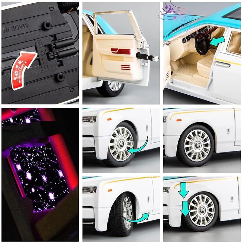 Image of Kids Model 1:24 Rolls-Royce Phantom Die Cast Metal Car Pull Back Action Opening Doors with Realistic Engine Sound Lights Toy Car Gift for Boys -Blue