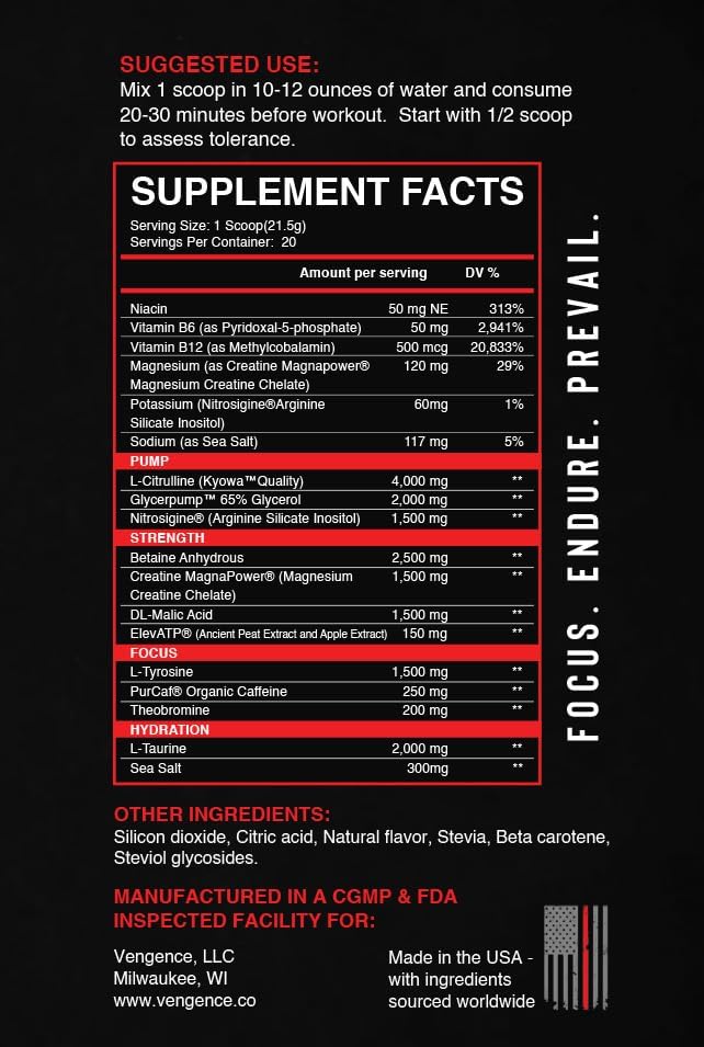 Miniatura 2 de Vengence Infliction - Polvo de preentrenamiento para hombres y mujeres, energía, enfoque y bombas masivas con L-citrulina Kyowa, nitrosigina,