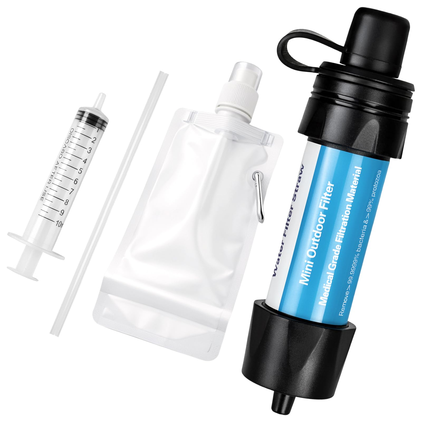 Portable Water Purification with Squeeze Pouch Carabiners Drinking straw Cleaning Plunger, Outdoor Survival Filtration System 0.01 Micron Emergency for Hiking Camping Travel Hunting Fishing