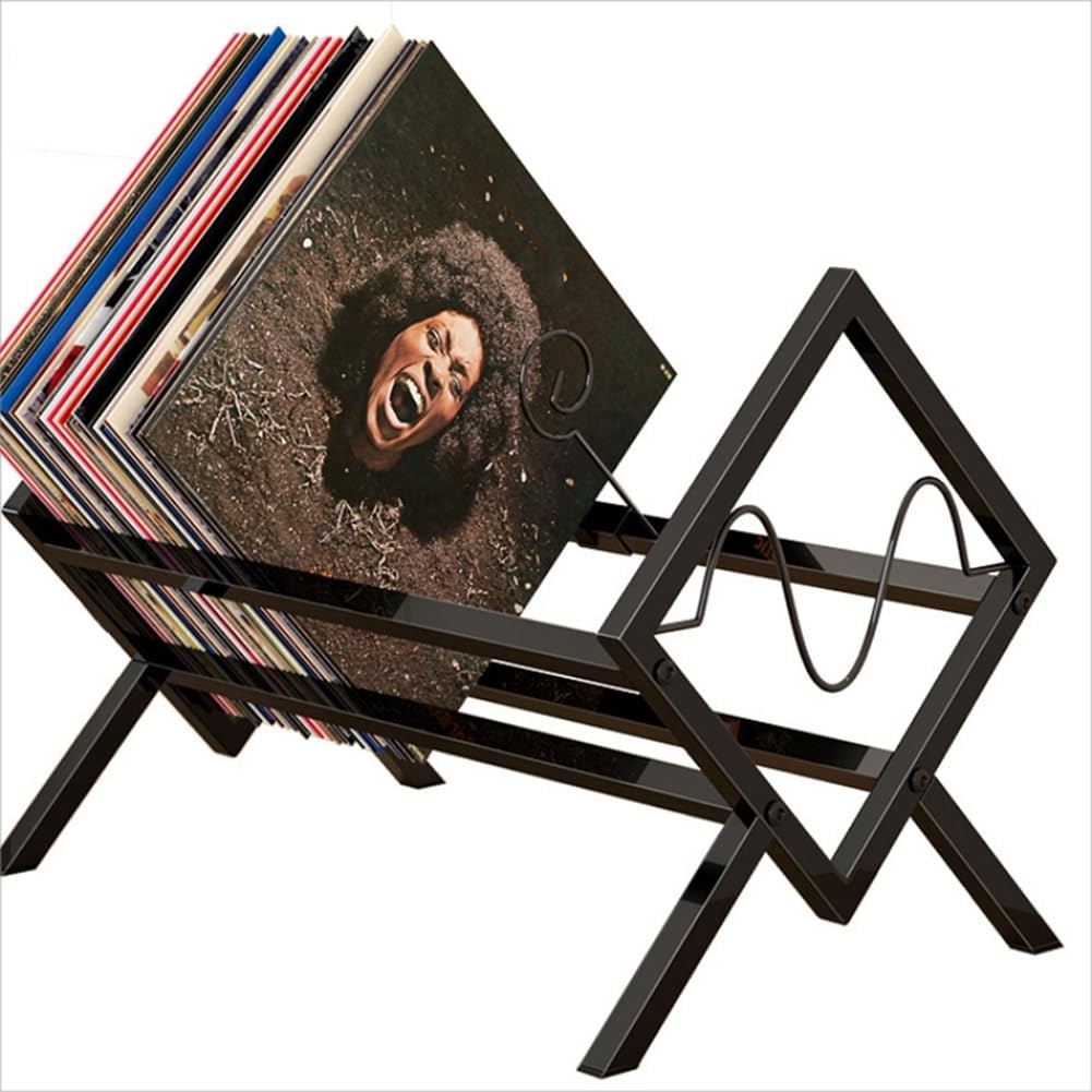 Supporto Per Dischi In Vinile In Metallo, Nero – Capacità 80-100 LP, Design Geometrico, Organizer Per CD, Riviste E Libri, Dimensioni 43.5x34x30.5 Cm - 6