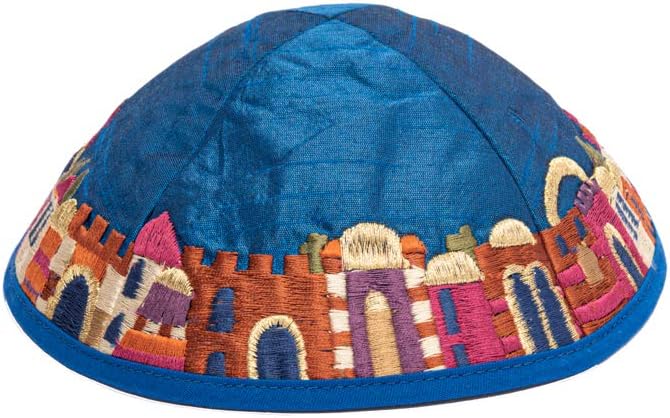 Yair Emanuel Blue Embroidered Jerusalem Design Kippah