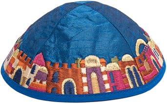 Yair Emanuel Blue Embroidered Jerusalem Design Kippah