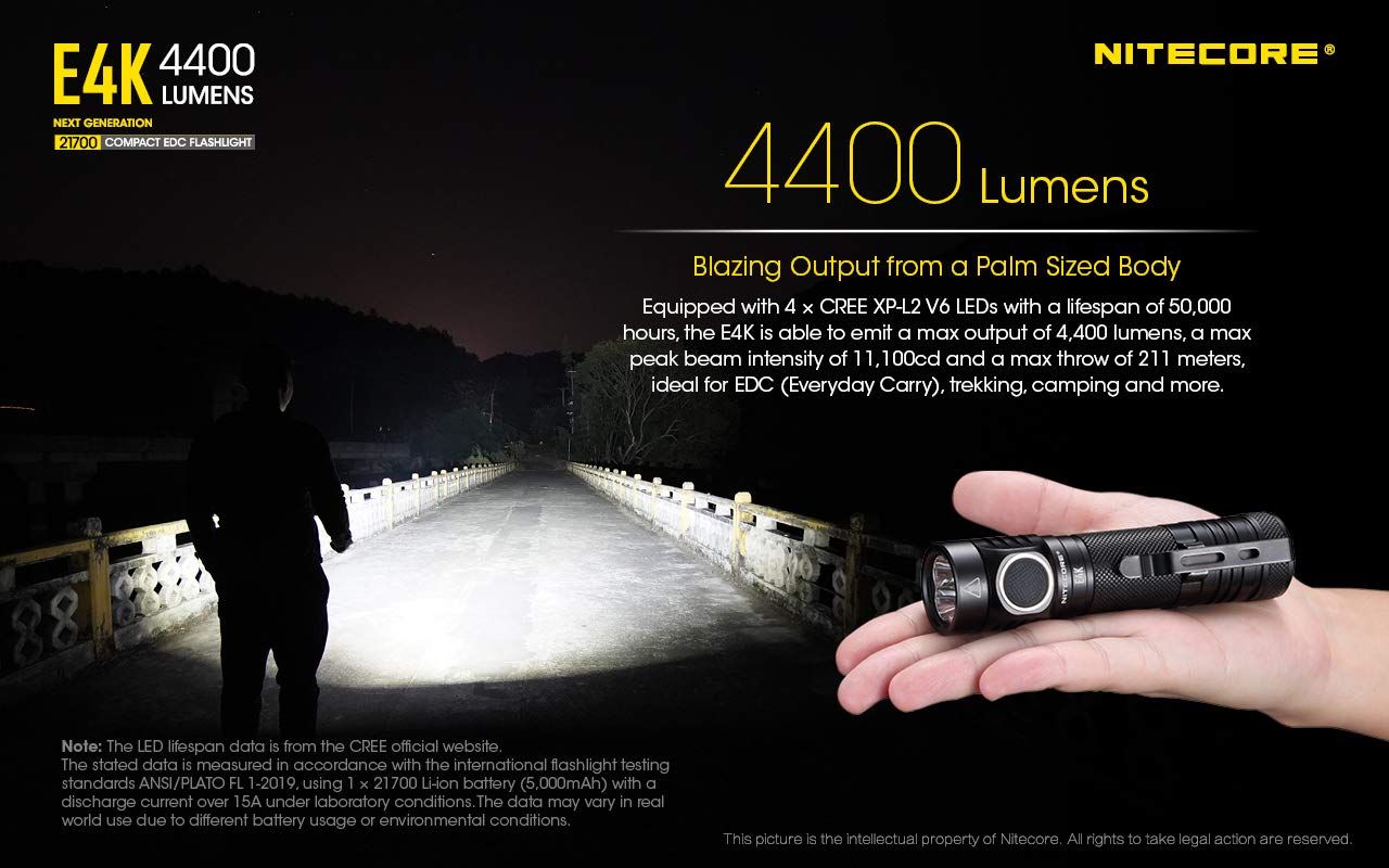 Nitecore E4K Lampe Torche - LED Ultra Puissante 4400 Lumens - Lumière Blanche - Lampe De Poche Étanche IP68 ([ Batterie Li-Ion 21700 USB C Rechargeable Inclus ])