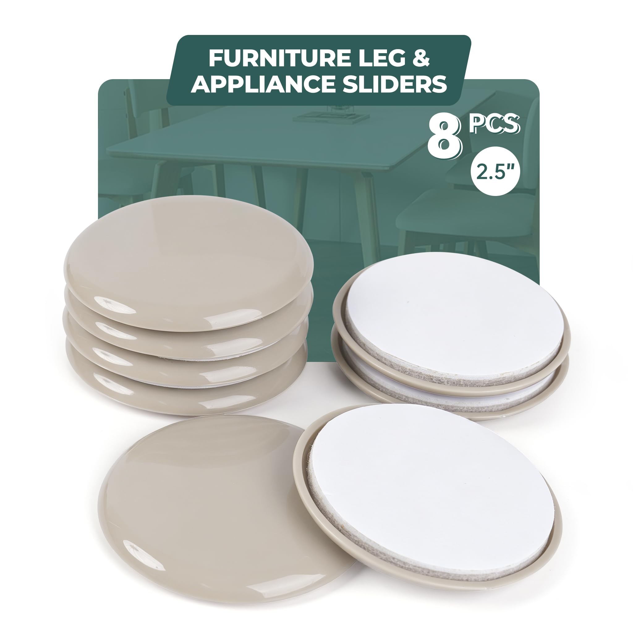 Round Furniture Sliders Self-Adhesive 2.5" 8 Pcs, Sliders for Furniture on Carpet & Hardwood Floors, Chair Sliders, Furniture Moving Sliders for Effortless Furniture Movement & Floor Protection