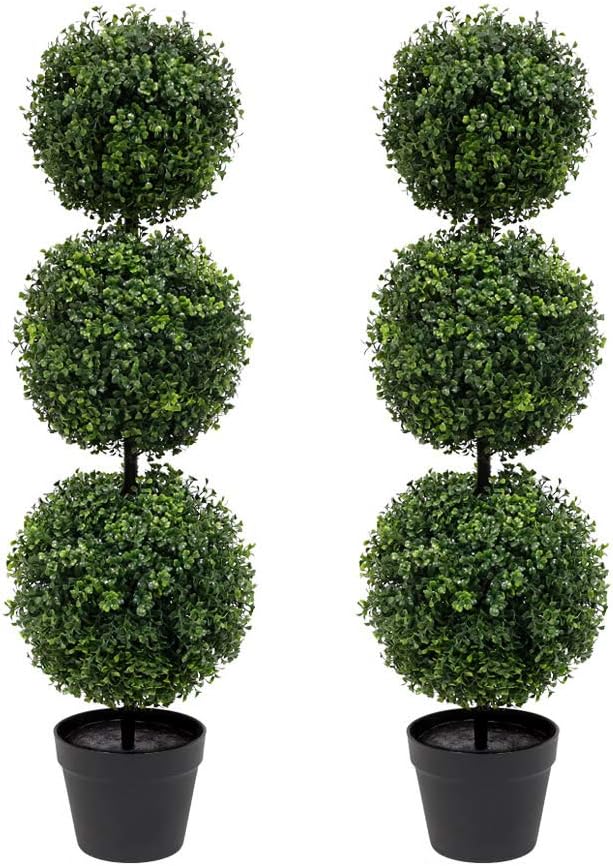 momoplant Artificial Topiary Ball Tree - 38 inch Triple Topiaries Boxwood Greenery Plant ? 2 Pack ? Outdoor Lifelike with Black Pot 37.5inches