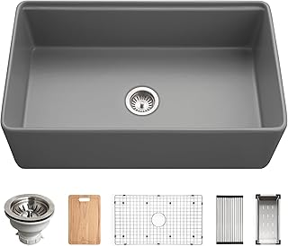 Houzer Aspire Gray Fireclay Workstation Sink: 33 Inch Farmhouse Apron Front Single Bowl Sink with Accessories, Durable & Versatile, Essential for Home & Apartment PTW-3320S GR
