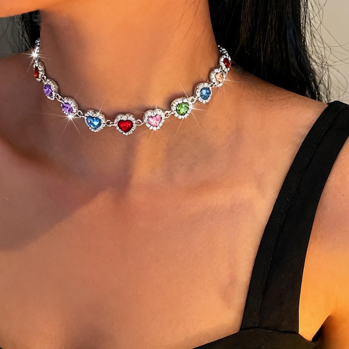 Colorful Crystal Choker Necklace for Women Love Heart Rhinestones Chain Necklaces Dainty Sparkly Pendant Charm Trendy Jewelry for Her Mom Wife Birthday Gifts - Image 3