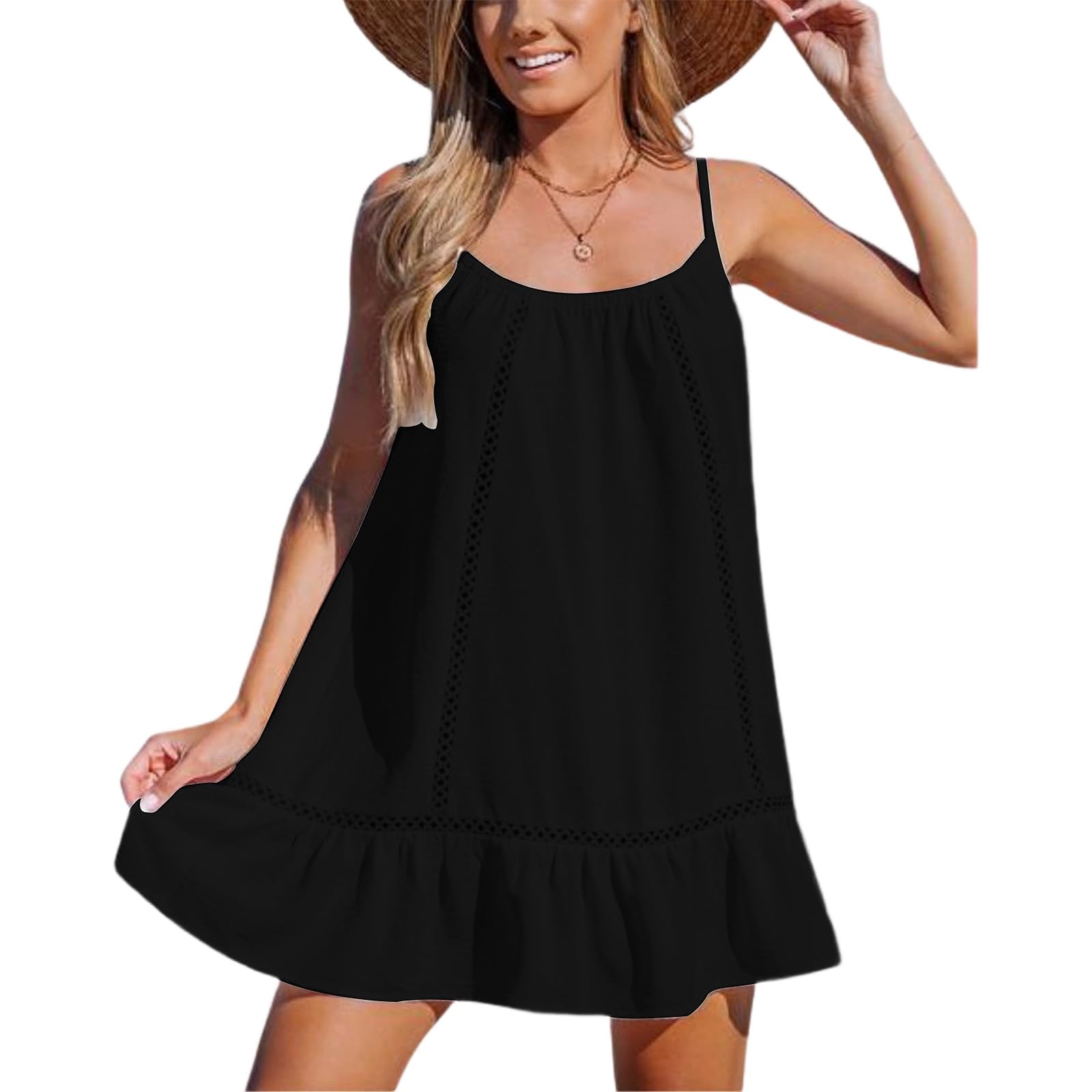 Vestido Verano Mujer Sin Mangas Vestido de Playa de Moda Corto con Tirantes Finos y Aberturas Cover Ups Mini Vestido Elegante Talla Única