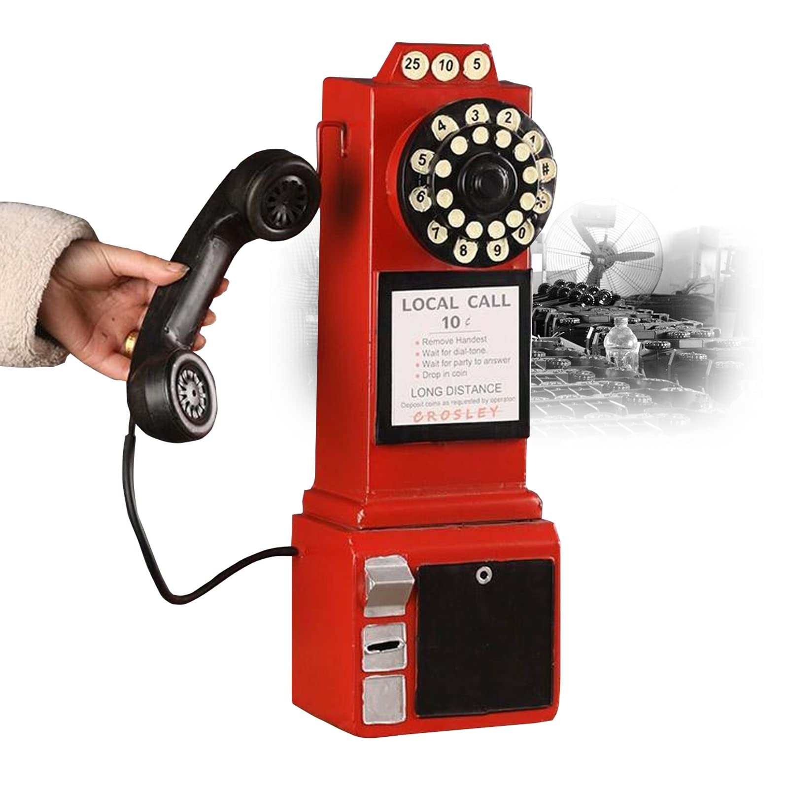 Meiiron Decorative Telephones, Vintage Telephone Model, Red,7.5" x5.9x19.7, Wall Hanging Crafts Ornaments Iron Wall Mounted Retro Pay Phone Home Furniture Figurines Decoration Gift