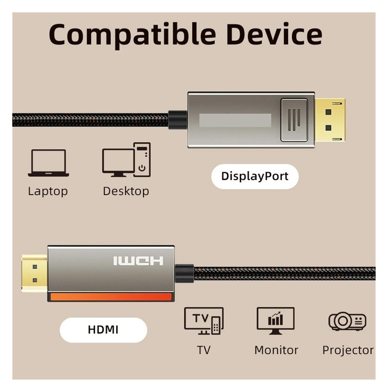 Cable DisplayPort 1.4 A HDMI 2.1 Con Carcasa De Aleación De Zinc, Cable De Vídeo HDR 8K@60Hz 4K@120Hz For Escritorio, Monitor, HDTV(3m)