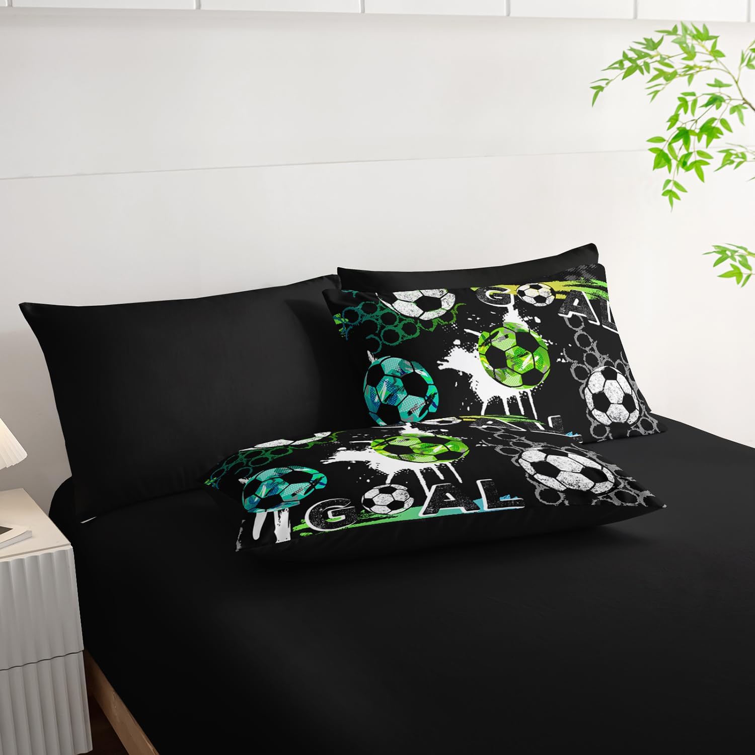 AILONEN Soccer Print Comforter Set Twin Size,7-Piece Football Sports with Blue Green White Soccer Pattern Bed in a Bag,Comforter & Fitted Sheet & Flat Sheet & 2 Pillowcases,Soft Microfiber