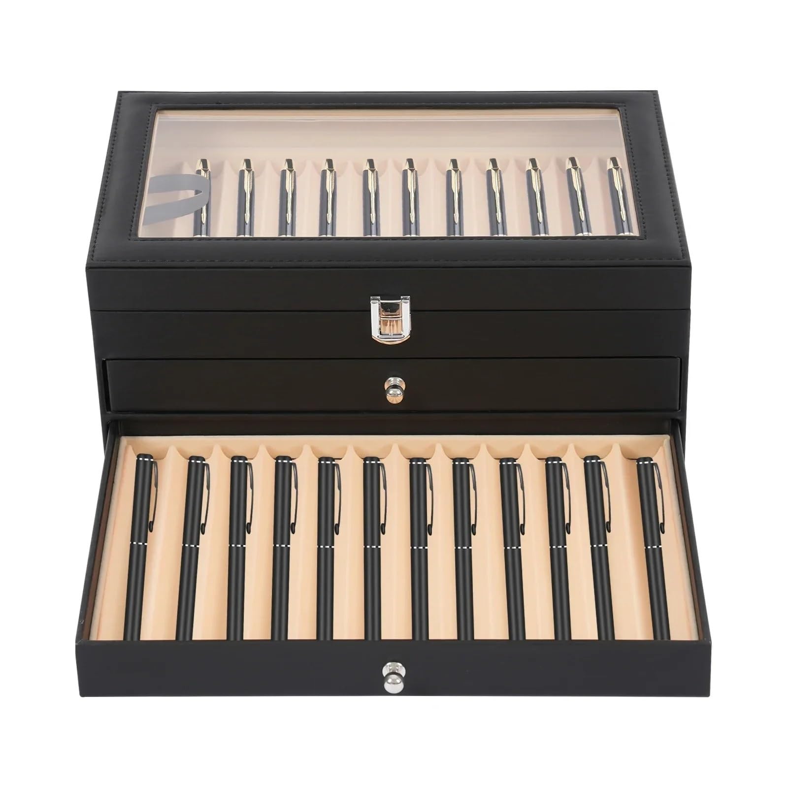 Scatola portapenne da 36 scomparti con interno in velluto e coperchio in vetro trasparente, design a 3 livelli, ideale for collezionisti di penne Per Ufficio Casa
