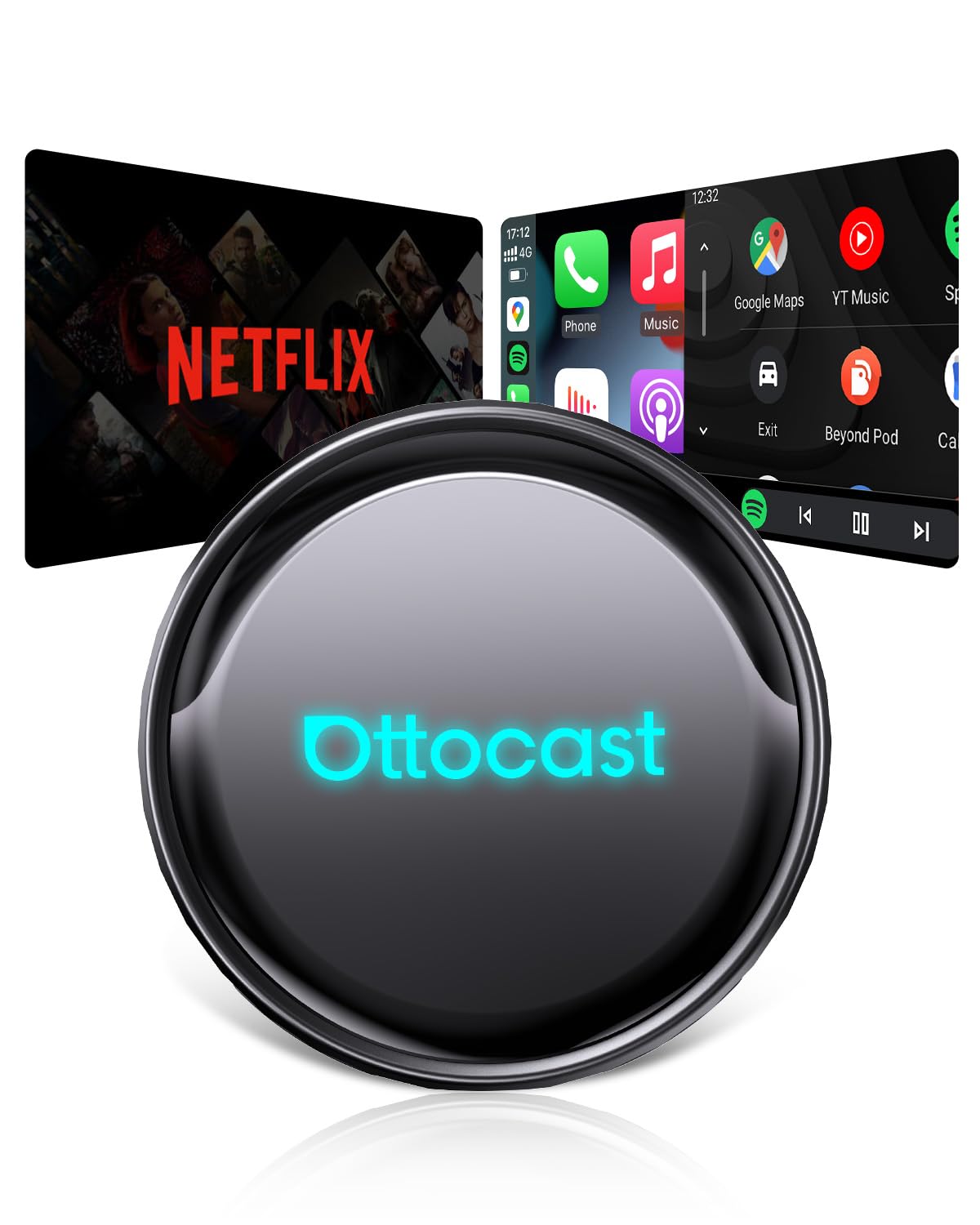 (2026 Nowy) OTTOCAST P3 Pro CarPlay AI Box, 3-w-1 Wireless Adapter CarPlay & Android Auto z Wyjściem HDMI, 8GB+128GB, Podział Ekranu, Aplikacje do pobrania, Aktualizacja OTA dla aut CP/AA przewodowych