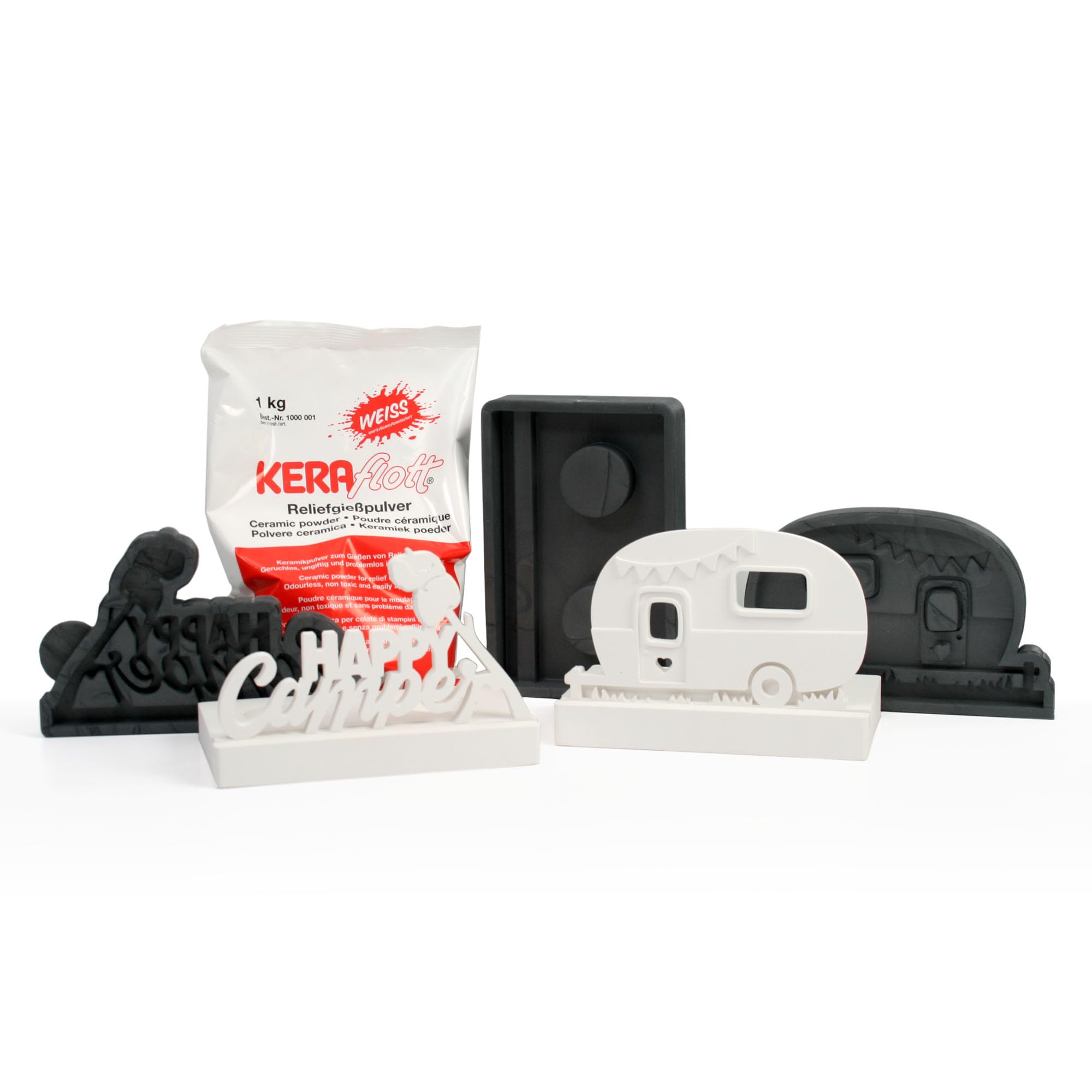 3er-Set Silikon-Formen „Campingwagen“ inkl. 1kg Keraflott Reliefgießpulver zur Herstellung handgegossener Teelichthalter und Einschiebe-Deko