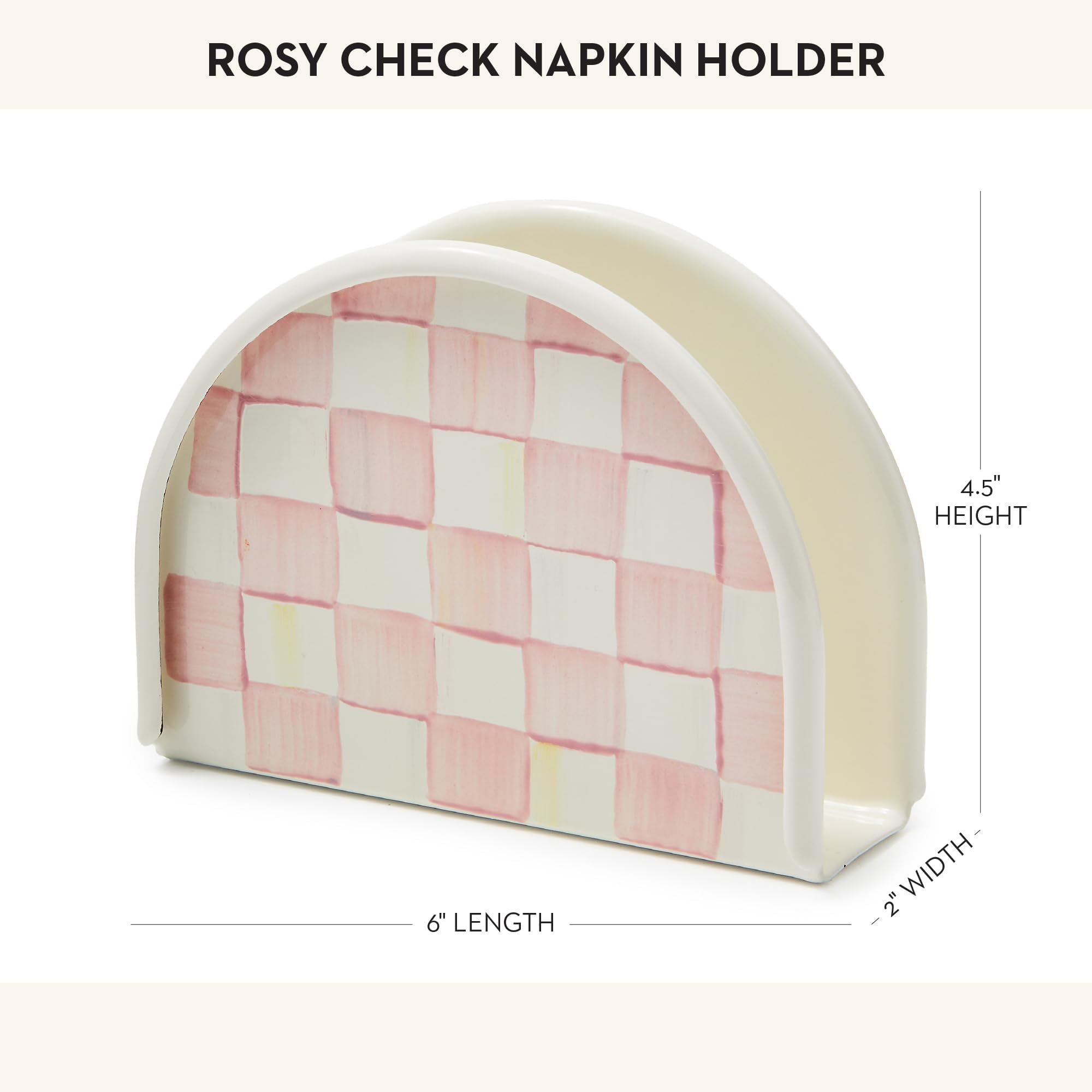 MACKENZIE-CHILDS Enamel Napkin Holder, Kitchen Napkin Holder for Table and Countertop, Pink-and-White Rosy Check
