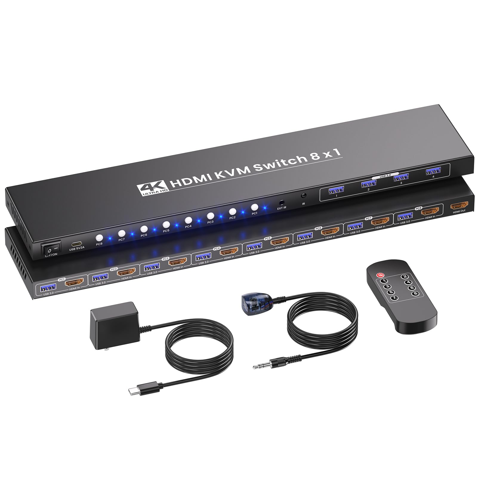Przełącznik HDMI KVM 8 PC 1 monitory, USB 3.0 4K60 Hz 8 portów KVM Switch, 8 komputerów, 1 zestaw monitora klawiatury, myszy i 4 porty USB 3.0 do urządzeń peryferyjnych