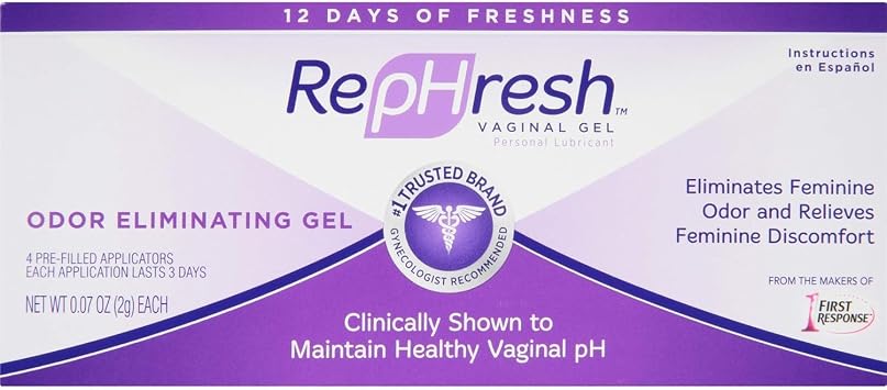 RepHresh Odor Eliminating Vaginal Gel, Fragrance Free, Balances Vaginal pH, Odor Control Up to 3 Days, 4 Pre-Filled Applicators