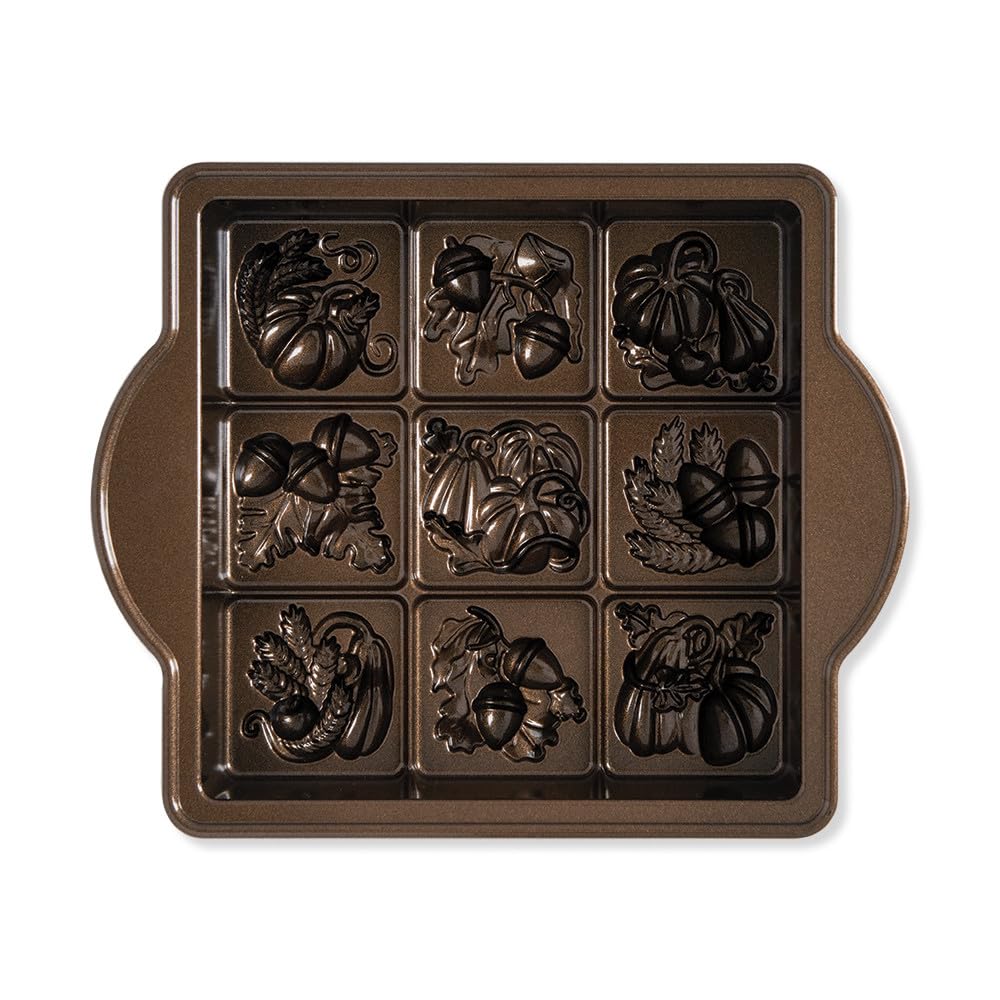 Nordic Ware Molde cuadrado de temporada, aluminio fundido 3D, lata de pastel Bundt otoñal hecha en USA, color: bronce