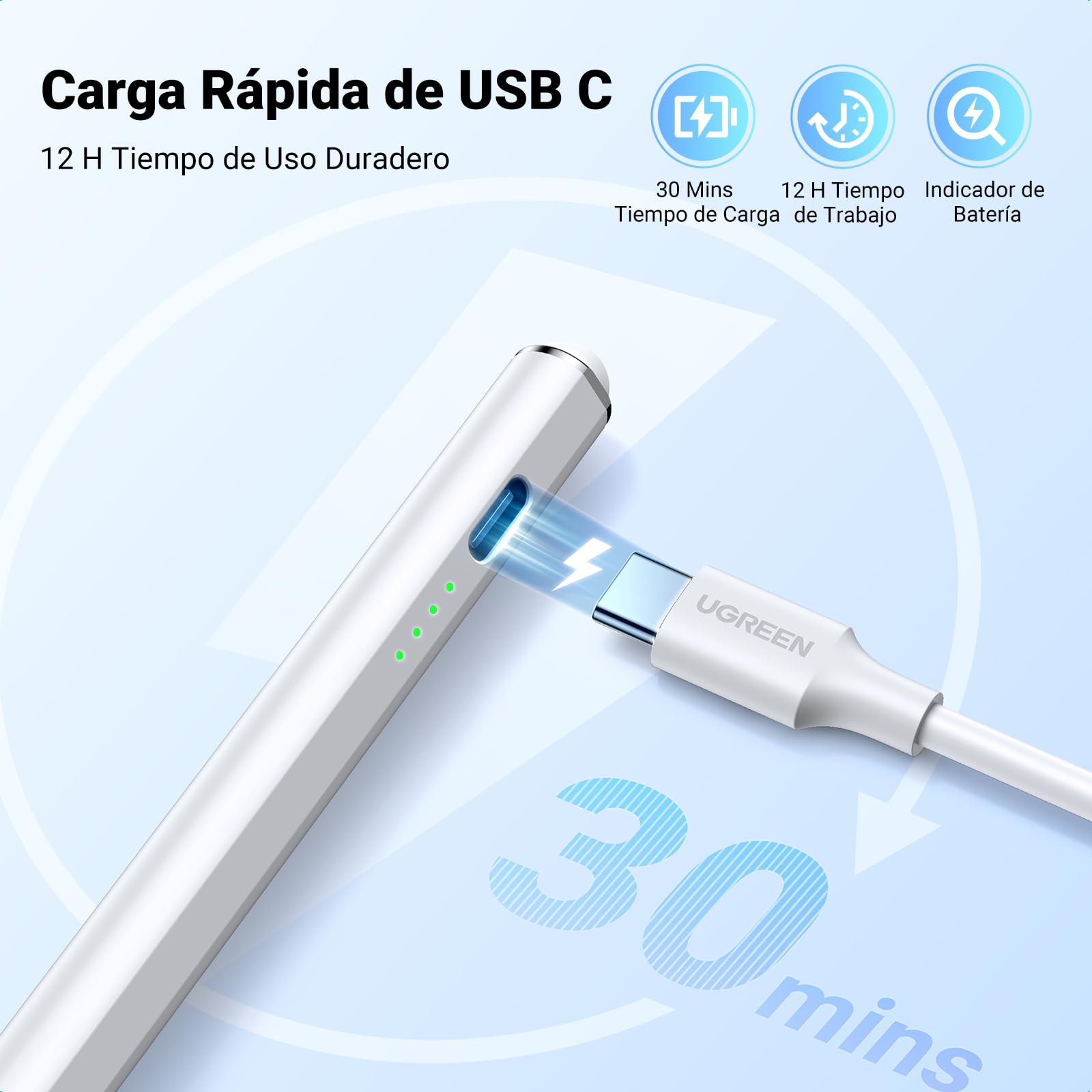 UGREEN Lápiz Magnético para iPad con 3 Puntas de Repuesto, Rechazo de Palma y Pencil Sensible a La Inclinación Compatible con Pro 12.9/11" 2018-2022/ Air 4/5/10/ Mini 6