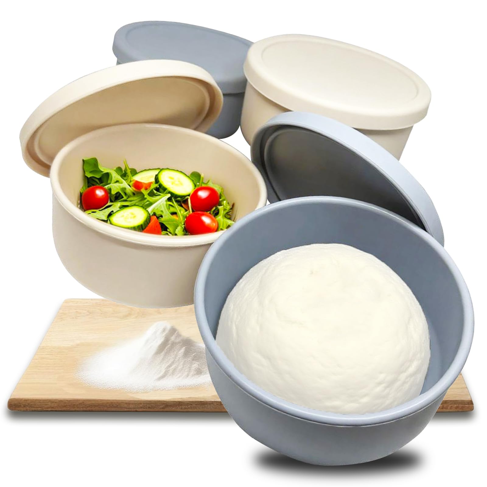 4 cajas de masa para pizza con una capacidad de 350 g de masa, caja de masa para pizza con tapa en beige y gris azulado