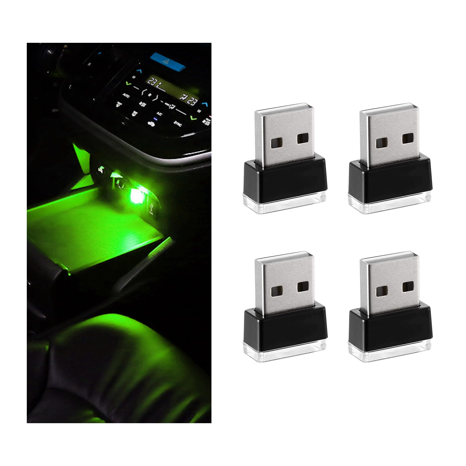 Sylvil 4 PCS USB LED Car Interior Atmosphere Lamp, Portable Mini LED Night Light, Plug-in USB Interface Trunk Ambient Lighting Kit, Universal Interior Car Accessories (Green)