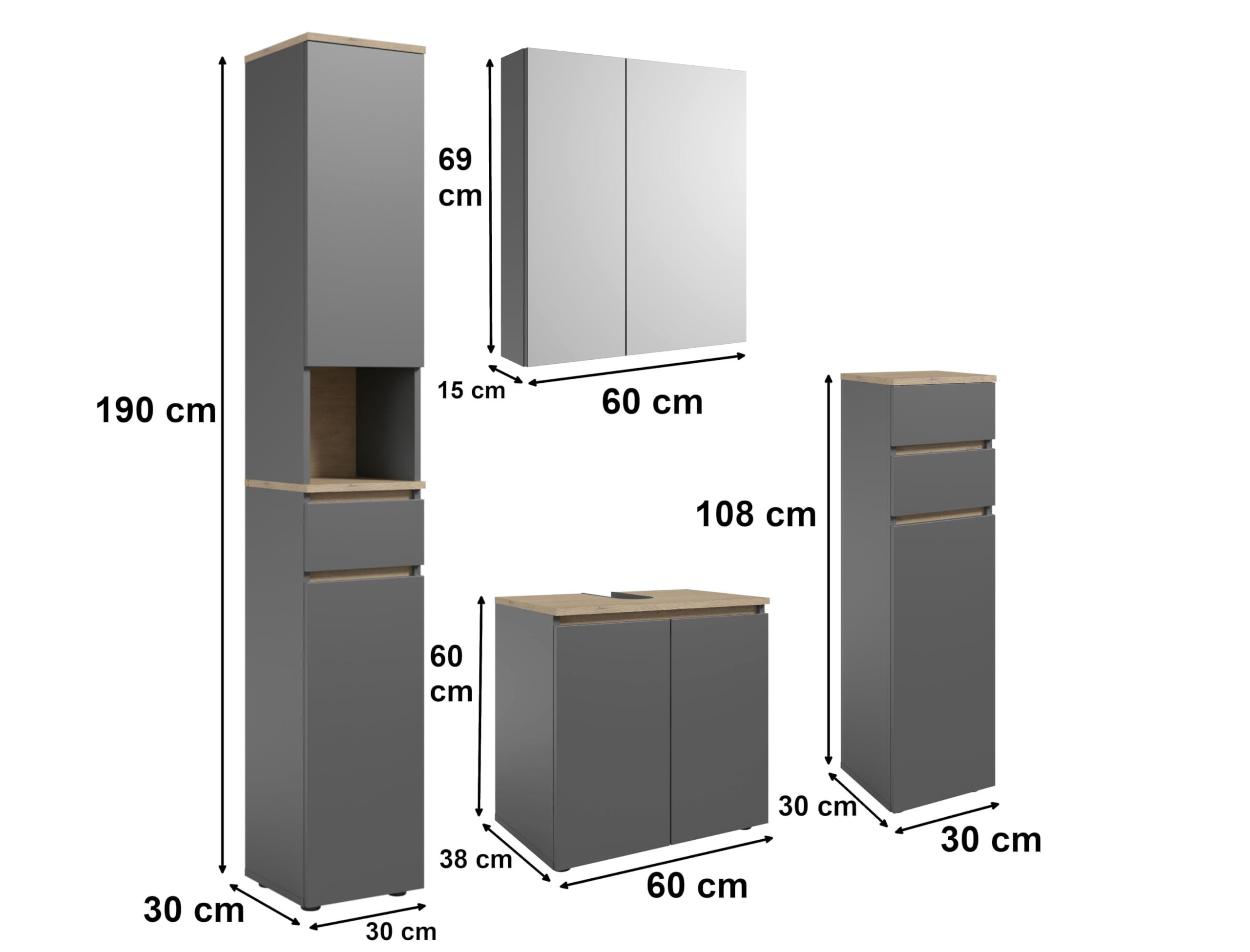 moebel-dich-auf Badezimmer Badmöbel -Set Londres Anthrazit Hochschrank Spiegelschrank Wbu Kommode Set 1