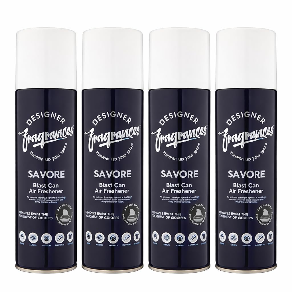 Get The Gift Designer Fragrances 4 Pack Savore Air Freshener Blast Cans - For Home & Vehicles – Natural Oils, Luxury Lasting Smell, Dry Mist Quick Release Spray – Deodorise & Neutralise Odours – 300ml