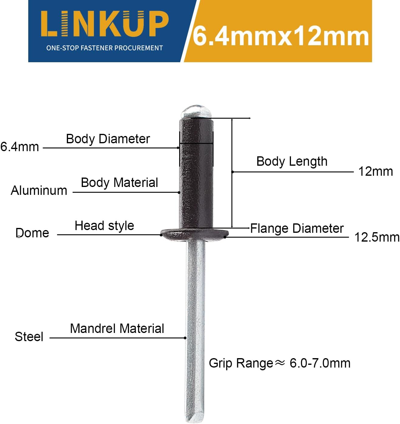 Linkup 65pcs pack 1/4'' x 1/2'' Black pop blind Rivets, 6.4mm x 12mm Black pop rivets,Aluminum Body Steel Mandrel Rivets (Black),Dome Head aluminum rivets