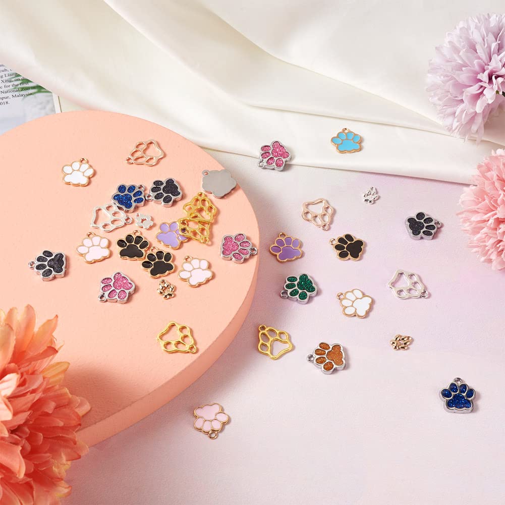 FASHEWELRY 60Pcs Alloy Cat Dog Paw Chunk Charms Animal Footprint Enamel Charms Tibetan Style Metal Dog Paw Prints Pendants for DIY Jewelry Making Necklace Bracelet