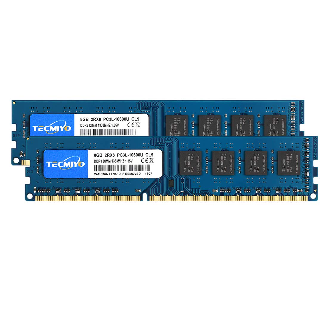 TECMIYO16GB Kit(2X8GB) PC3L-10600U DDR3/DDR3L 1333MHZ Udimm PC3-10600  DDR3-1333 DIMM 2RX8 Dual Rank 240 Pin CL9 Non-ECC Unbuffered  Desktop