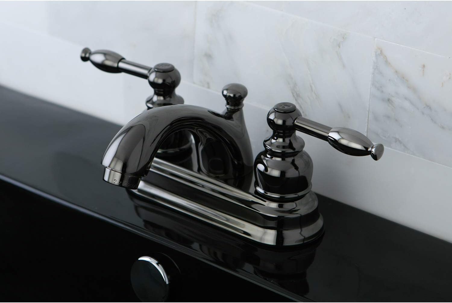 Kingston Brass NB2600KL Water Onyx 4 inch Centerset Lavatory Faucet with Retail Pop-up Drain, Black Stainless Steel