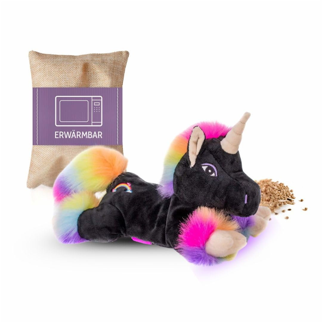 Habibi Cojín térmico prémium para niños y adultos – 1848 Unicornio Black Rainbow – relleno de mijo extraíble – peluche térmico para calentar en el microondas / horno, ideal también para bebés