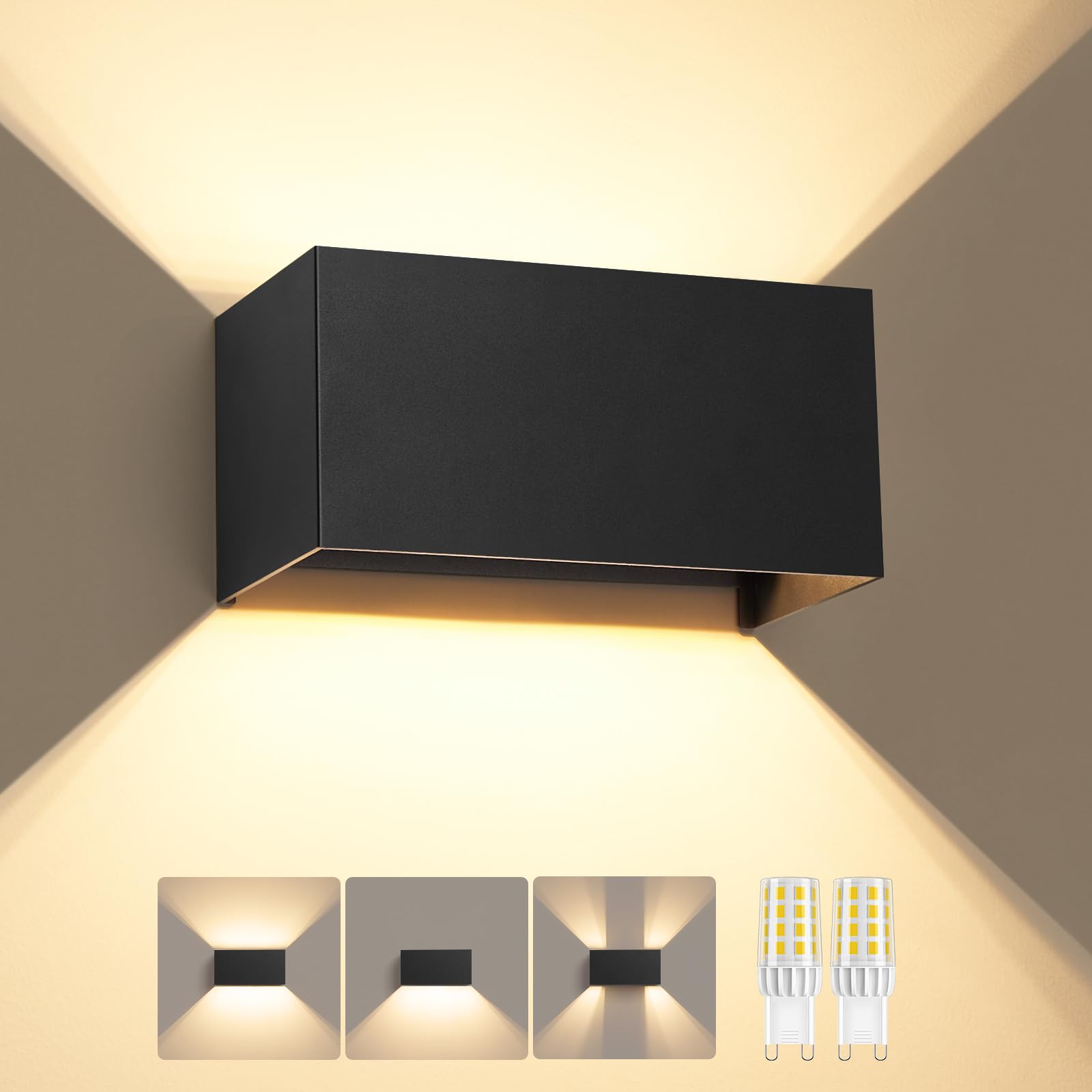 Wandlampe mit Austauschbarer G9 LED Lampe, Einstellbarer Lichtstrahl, 3000K LED Wandleuchte Innen/Aussen, Aluminium Außenwandleuchte, IP54 Wasserdichte, Auf und Ab, für Wohnzimmer Garten Schwarz