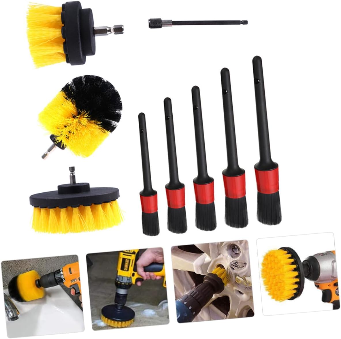 Veemoon 9pcs Drill Brush Attachment Set for Car Care, Power Scrubber Brushes with Yellow Bristles, Automotive Interior and Exterior Detailing Tools for Wheels, Upholstery, and Glass