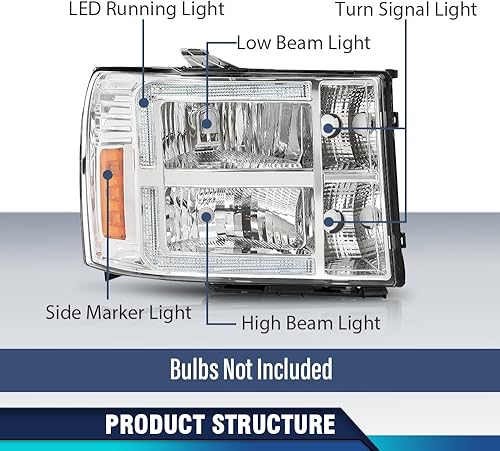 Vista 12 de PIT66 Conjunto de faros delanteros compatible con GMC Sierra 1500 2500HD 3500HD 3500HD 2007-2013, faros halógenos laterales del conductor